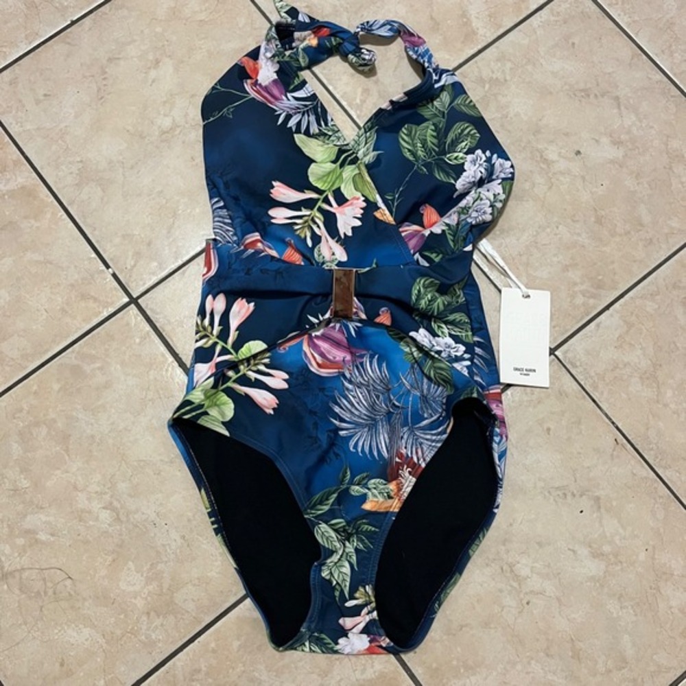 Grace Karin Tropical Halter One Piece Swimsuit Small Cutout Ring Resort Cruise‎